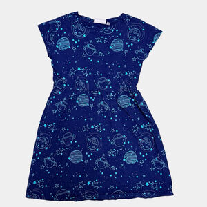 Girls Space Galaxy Planet Star Dress Navy Blue Short Sleeve Cotton Size L